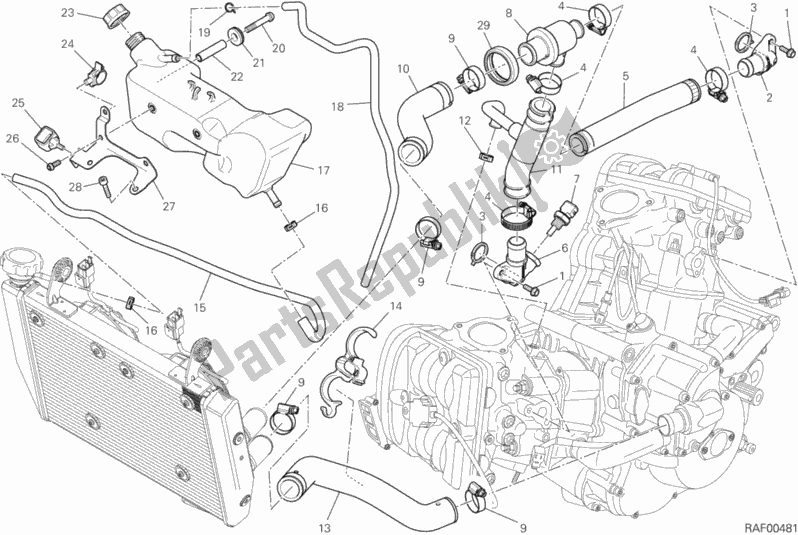 All parts for the Cooling Circuit of the Ducati Hypermotard Hyperstrada USA 821 2015